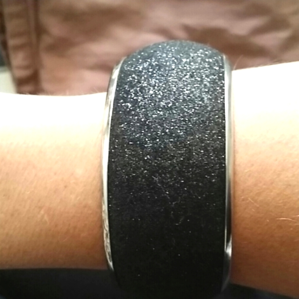Chunky Wide Black Glitter Sparkle Sivertone Bangle Bracelet